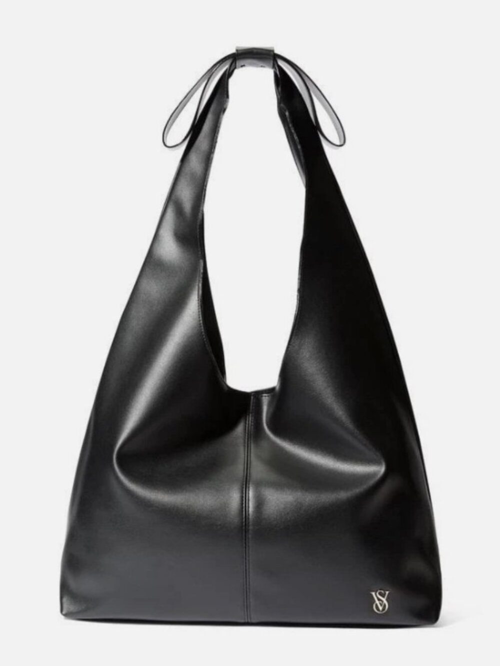 Victoria's Secret Black Faux Leather Hobo Tote with Gold Logo